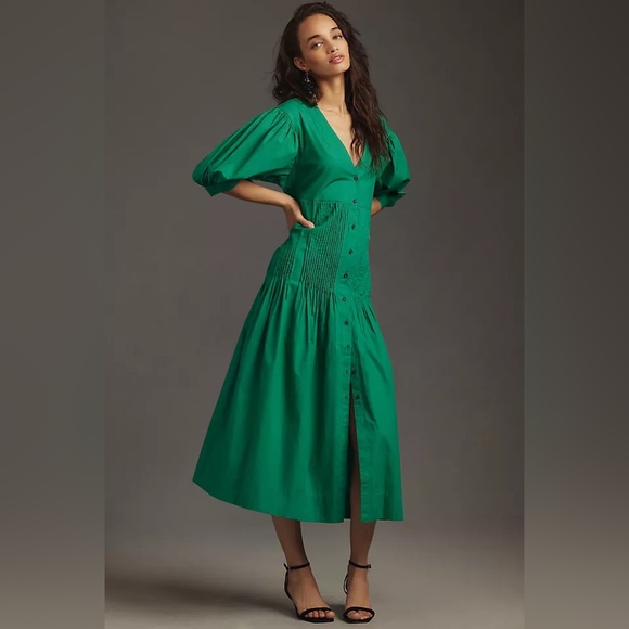 Anthropologie Dresses & Skirts - NWT Anthropologie Maeve green pintuck tie sleeve midi dress sz lg